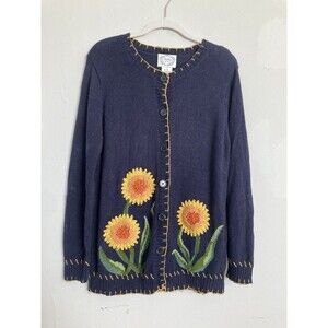 Stitches in Time Sunflower Cardigan Ramie Cotton SMALL Navy